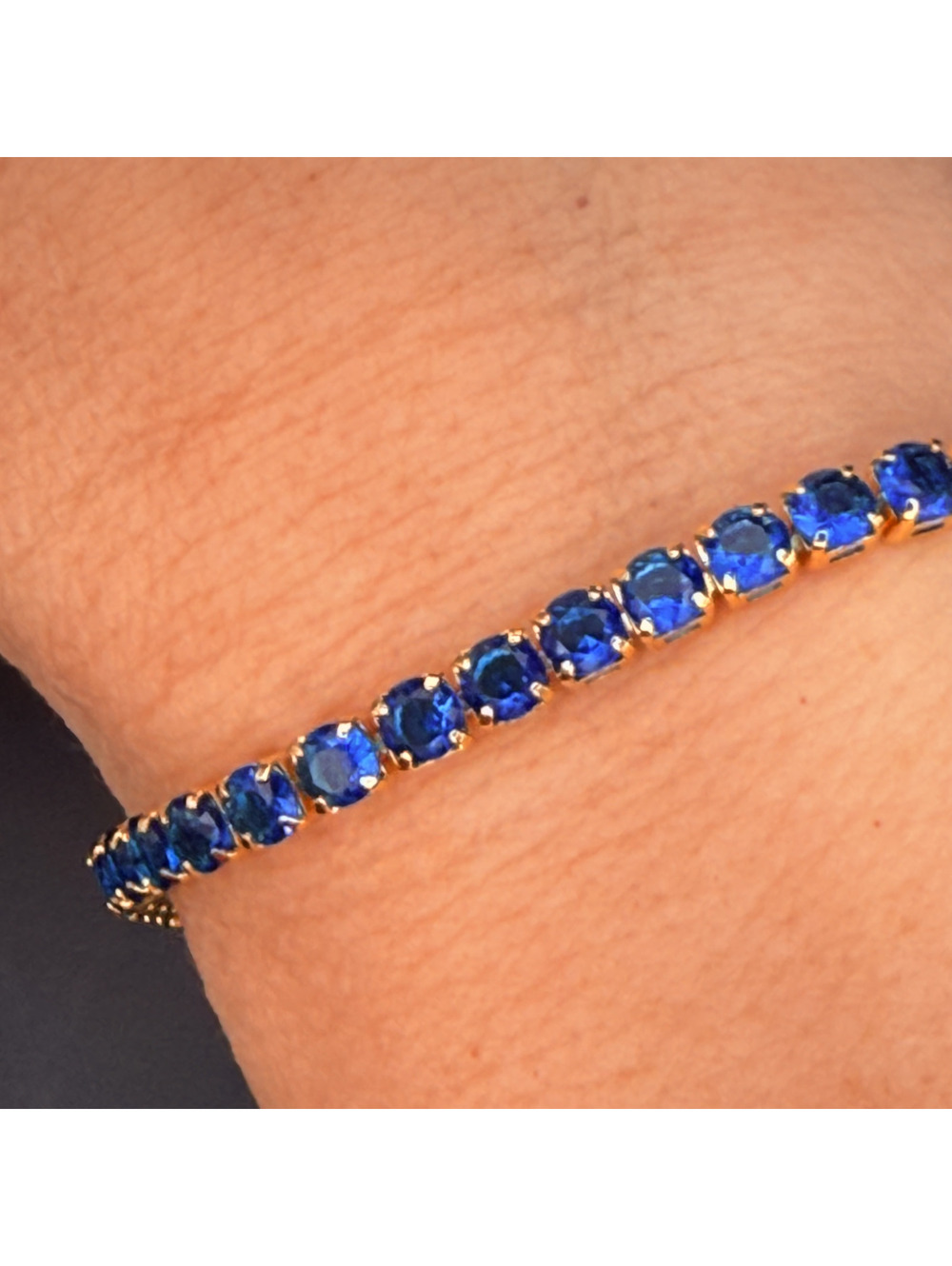candy+clover bright blue crystal gold tone tennis bracelet